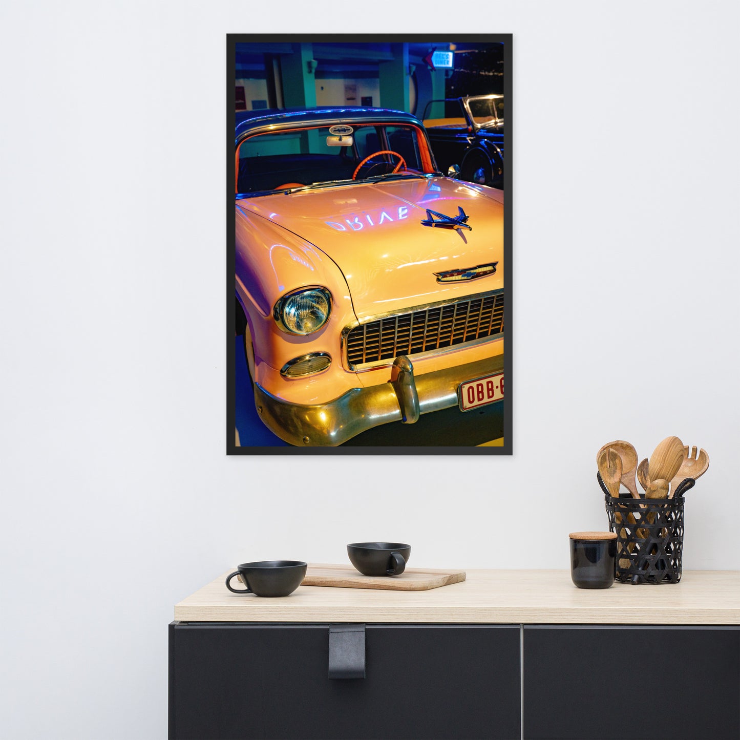 Classic Chevrolet pink American wings. Framed photo paper poster